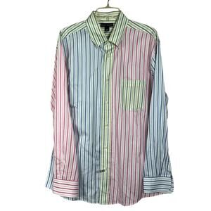 Grant Thomas Long Sleeve Button Up Sz L Multi Color Stripe Preppy Pink Green 90s